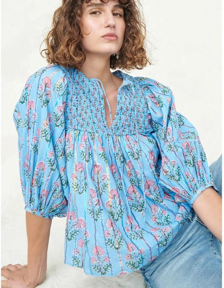 Sky Blue Floral Striped Print Shirred Yoke Split Neck Blouse