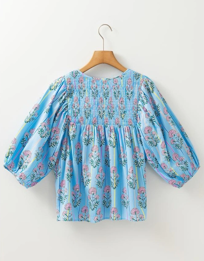 Sky Blue Floral Striped Print Shirred Yoke Split Neck Blouse