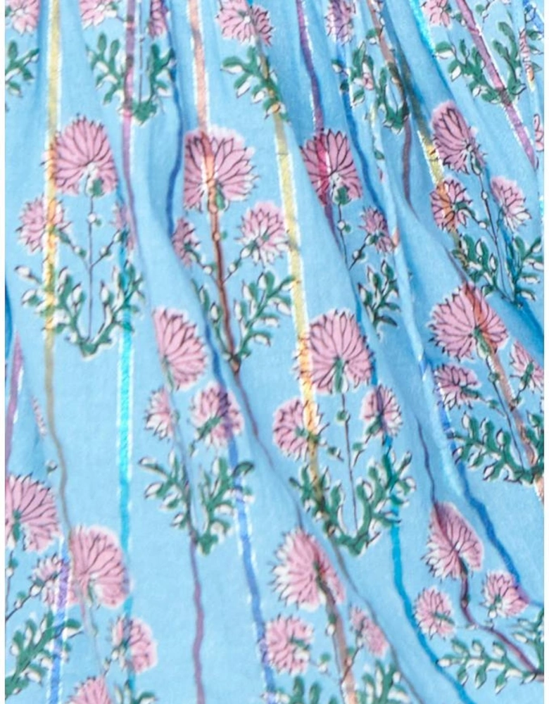 Sky Blue Floral Striped Print Shirred Yoke Split Neck Blouse