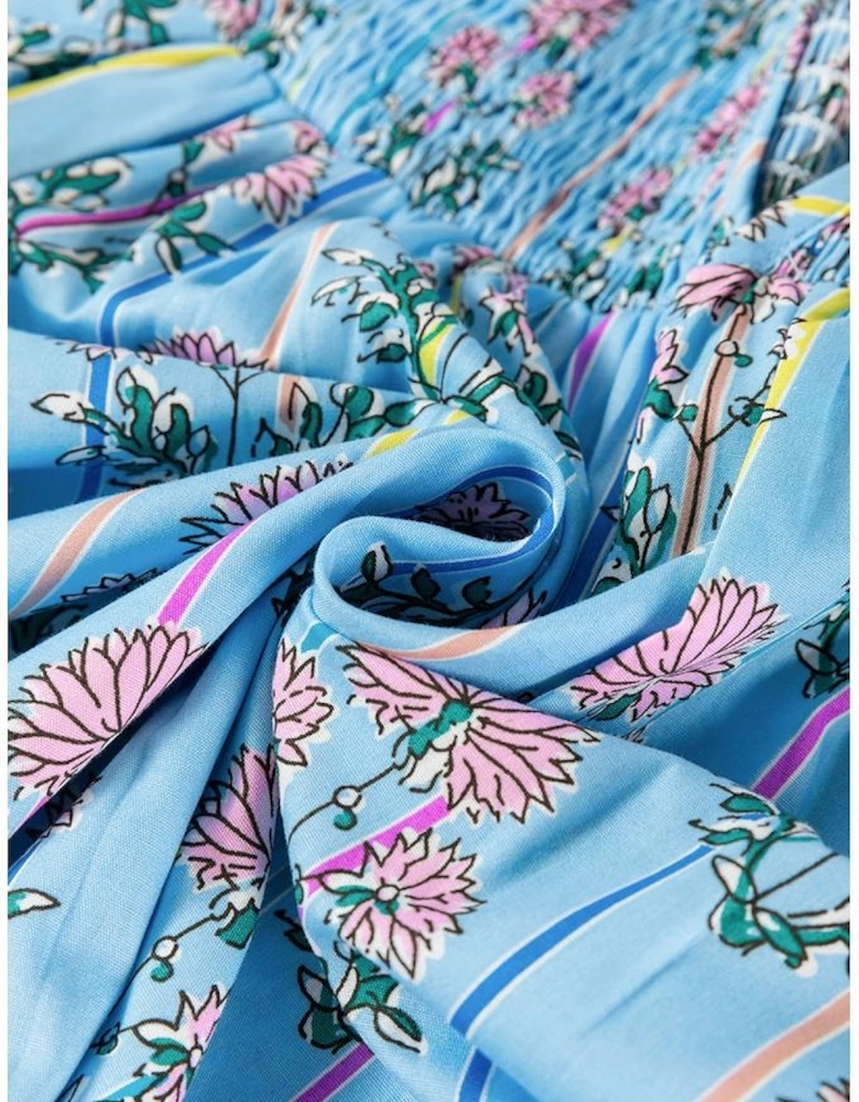 Sky Blue Floral Striped Print Shirred Yoke Split Neck Blouse