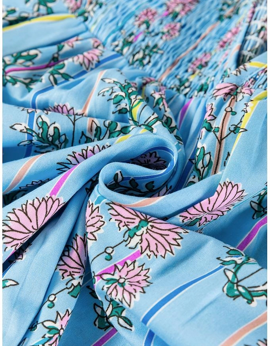 Sky Blue Floral Striped Print Shirred Yoke Split Neck Blouse