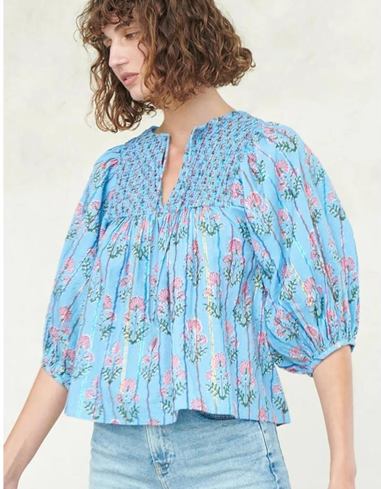 Sky Blue Floral Striped Print Shirred Yoke Split Neck Blouse