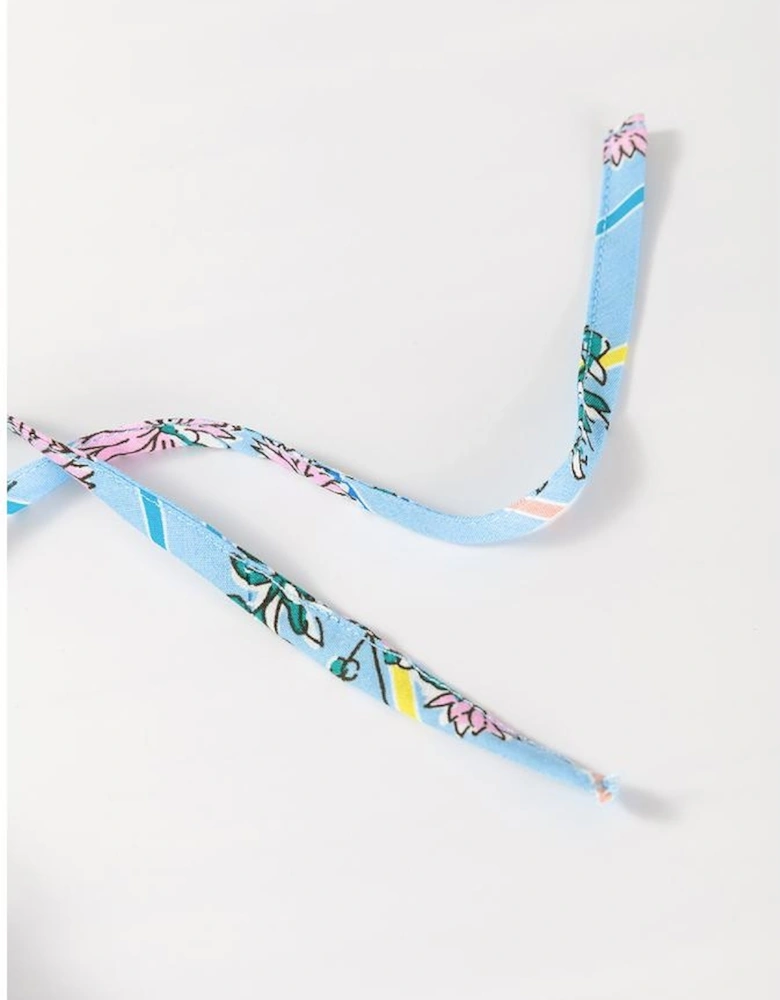 Sky Blue Floral Striped Print Shirred Yoke Split Neck Blouse