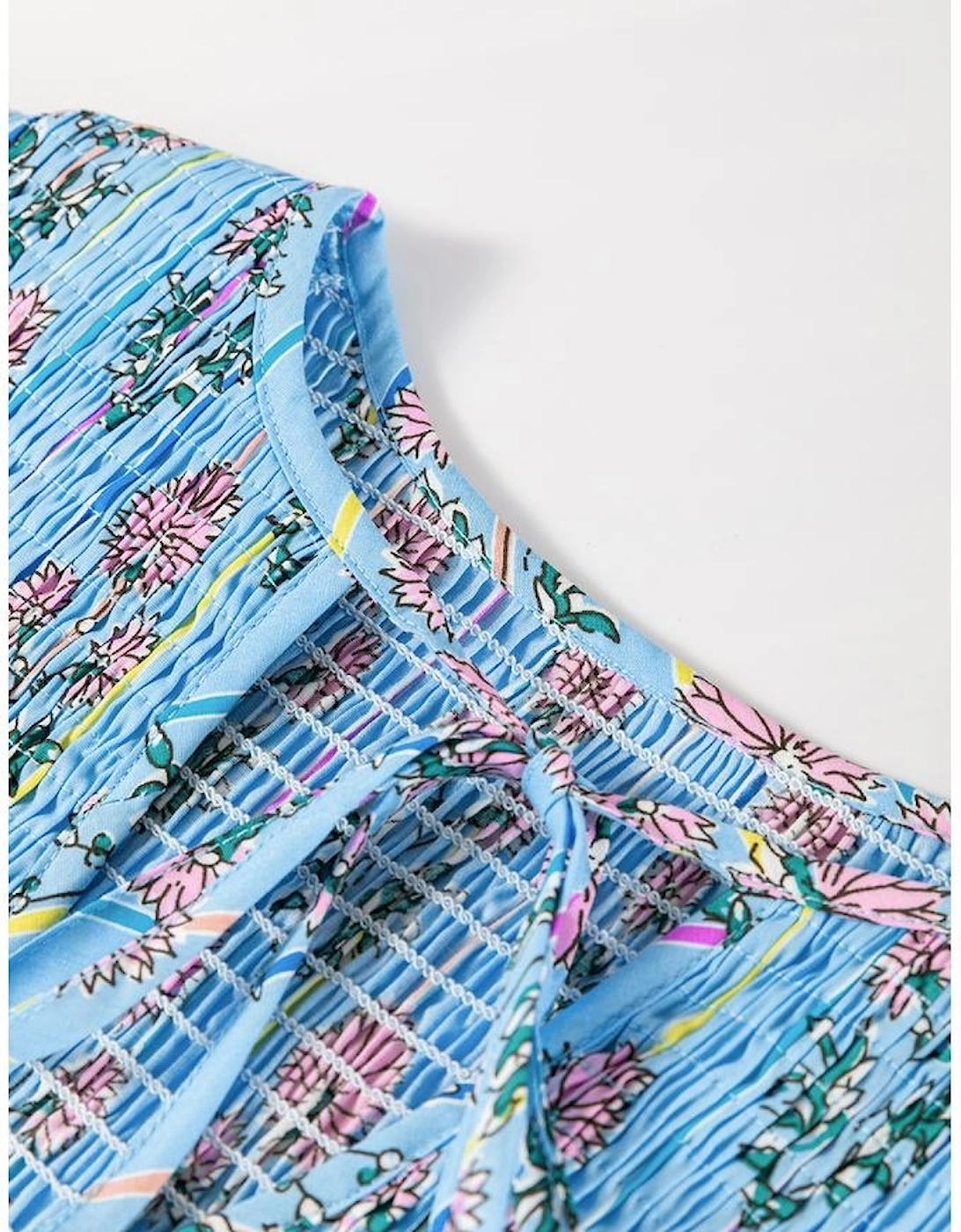 Sky Blue Floral Striped Print Shirred Yoke Split Neck Blouse