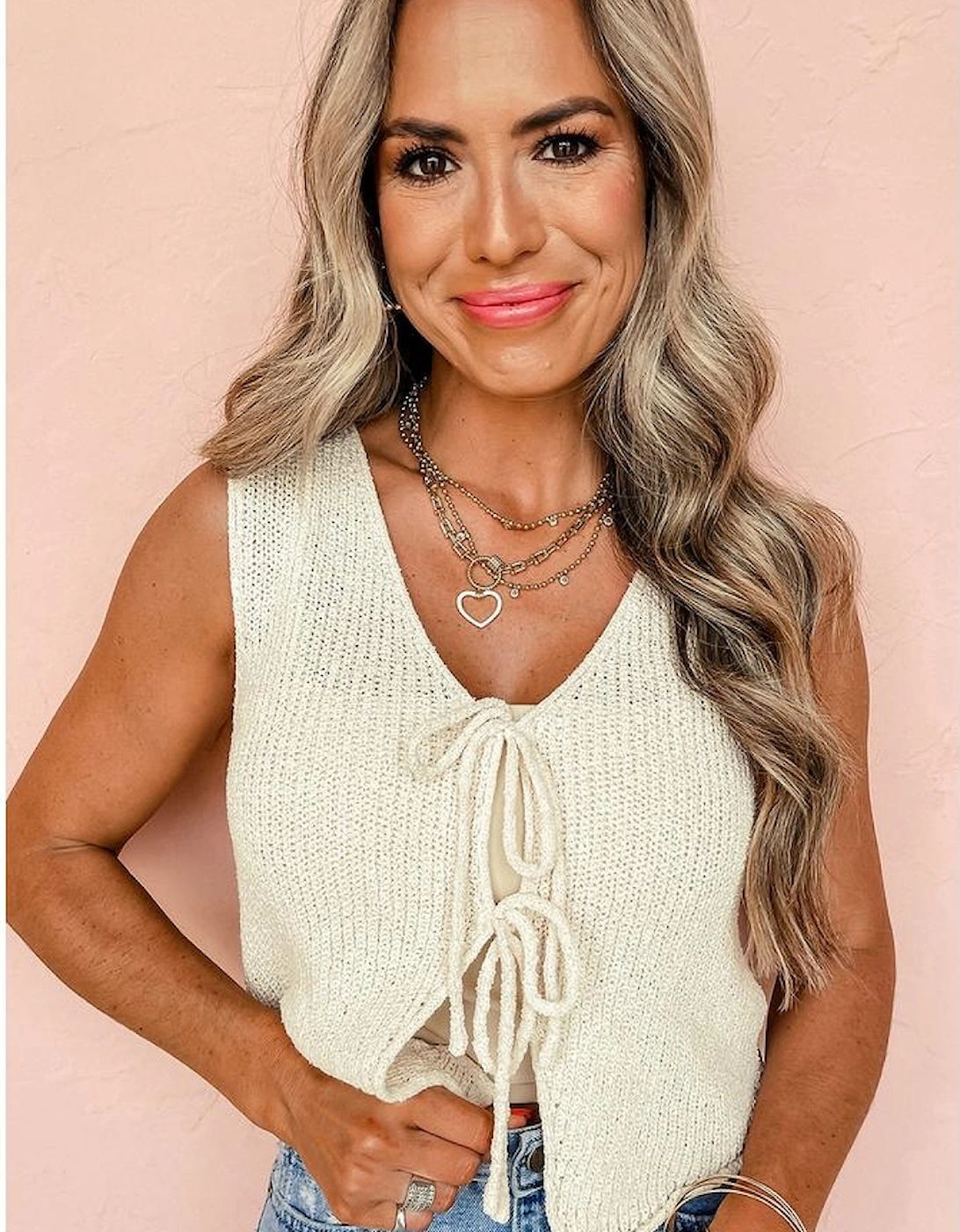 Beige Lace-up Front V Neck Sweater Vest, 9 of 8