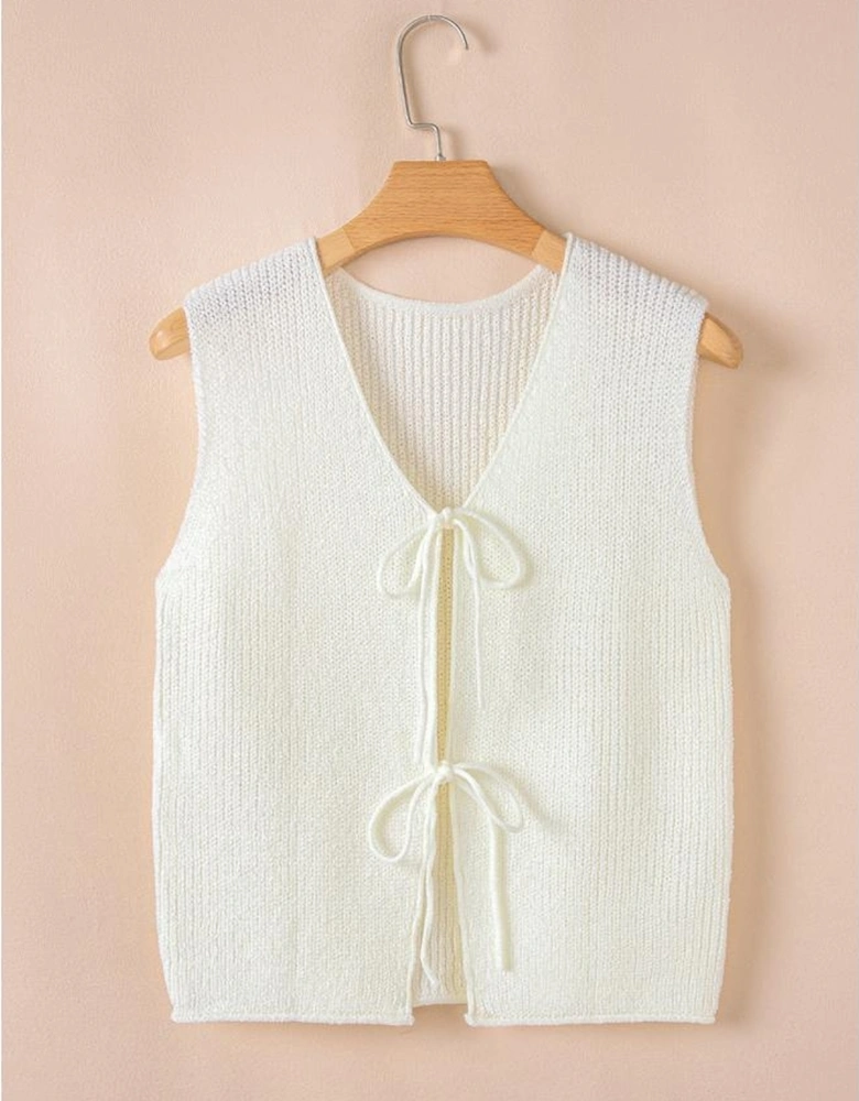 Beige Lace-up Front V Neck Sweater Vest