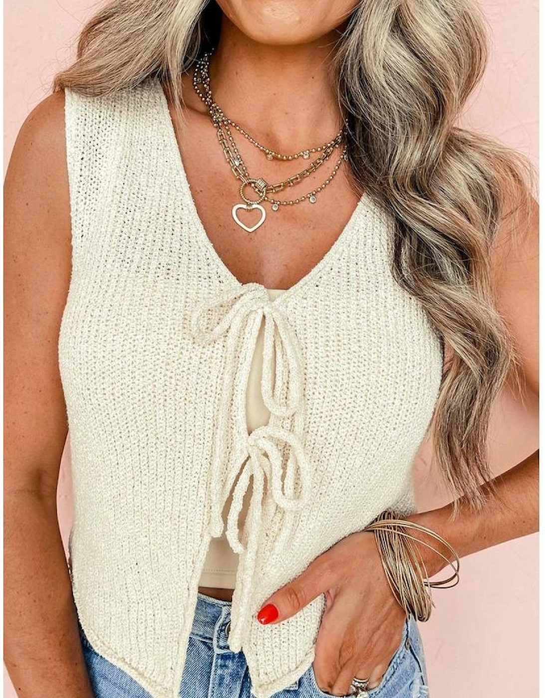 Beige Lace-up Front V Neck Sweater Vest