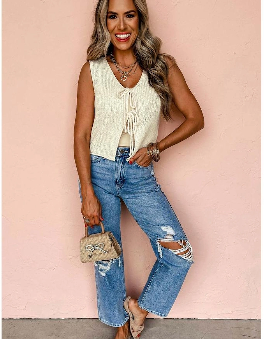 Beige Lace-up Front V Neck Sweater Vest