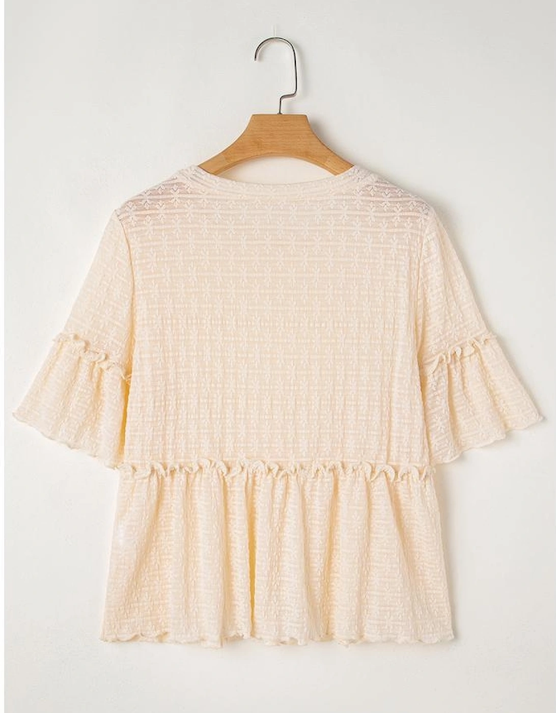 Beige Solid Color Textured Ruffled Short Sleeve Blouse