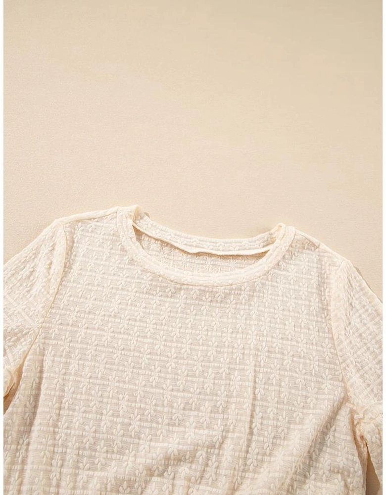 Beige Solid Color Textured Ruffled Short Sleeve Blouse