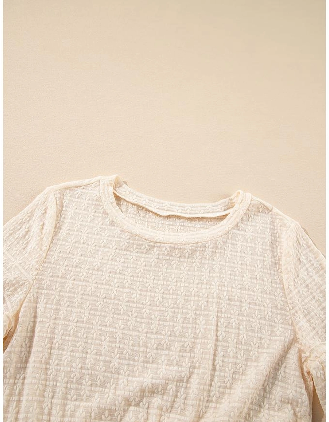 Beige Solid Color Textured Ruffled Short Sleeve Blouse, 9 of 8