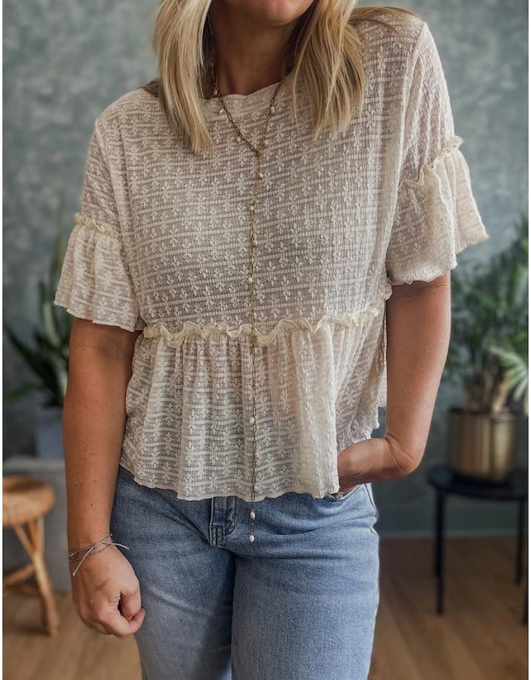 Beige Solid Color Textured Ruffled Short Sleeve Blouse