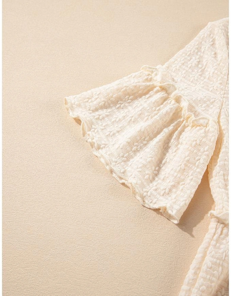 Beige Solid Color Textured Ruffled Short Sleeve Blouse