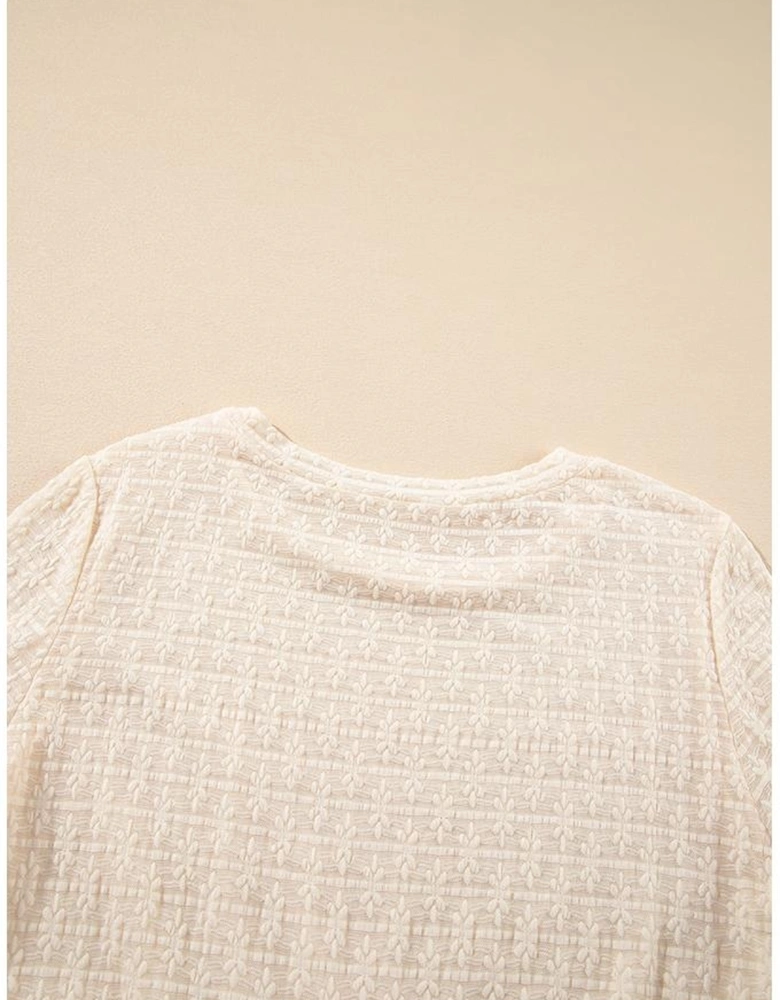 Beige Solid Color Textured Ruffled Short Sleeve Blouse