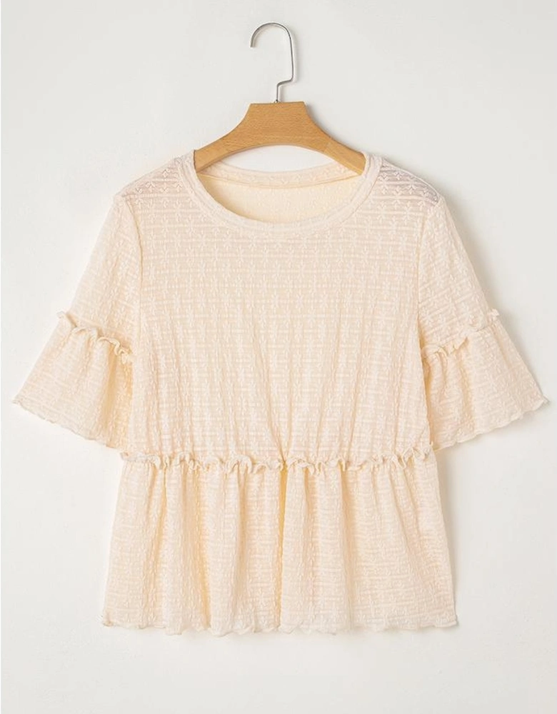 Beige Solid Color Textured Ruffled Short Sleeve Blouse