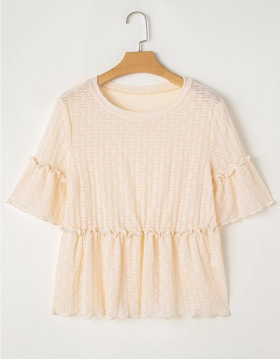 Beige Solid Color Textured Ruffled Short Sleeve Blouse