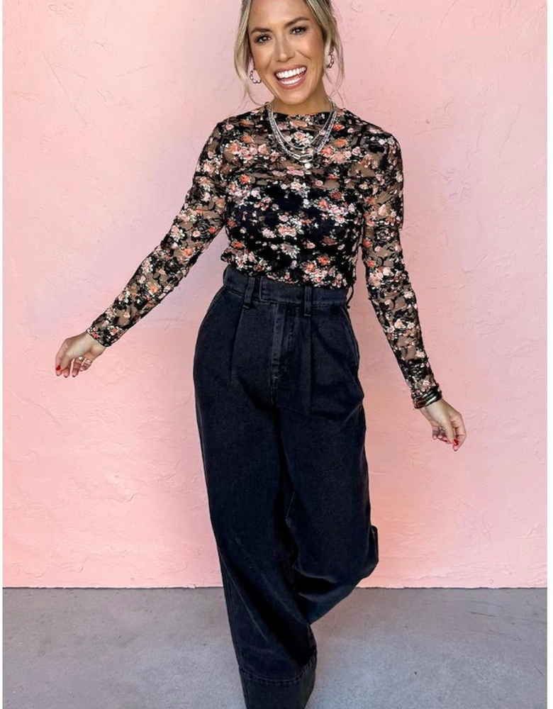 Black Floral Mesh Sheer Long Sleeve Top