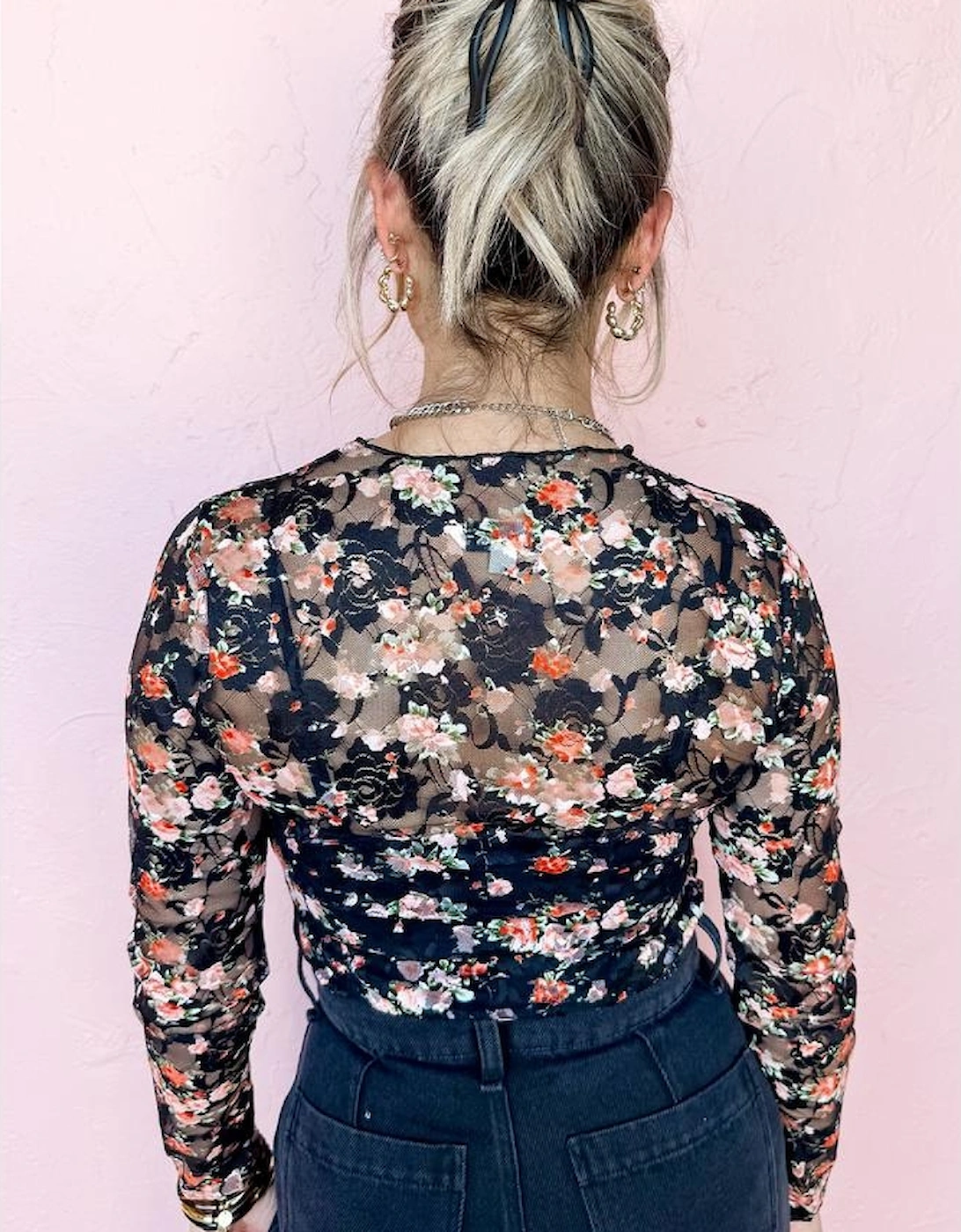 Black Floral Mesh Sheer Long Sleeve Top