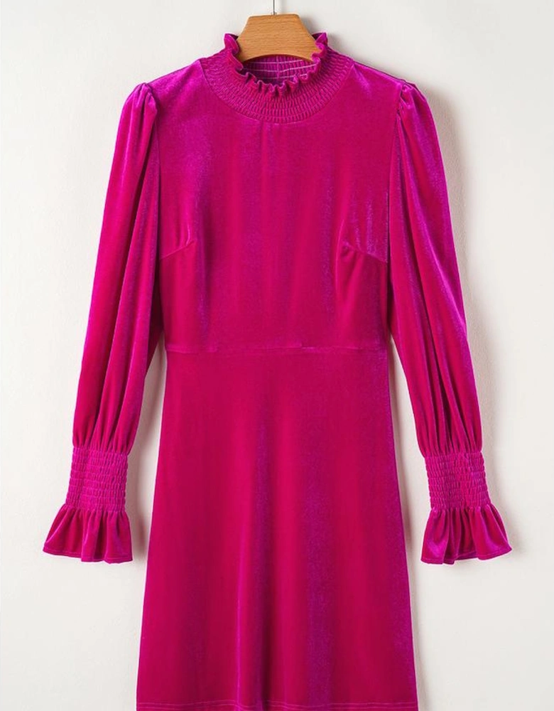 Rose Red Smocked Mock Neck Ruffled Puff Sleeve Velvet Mini Dress