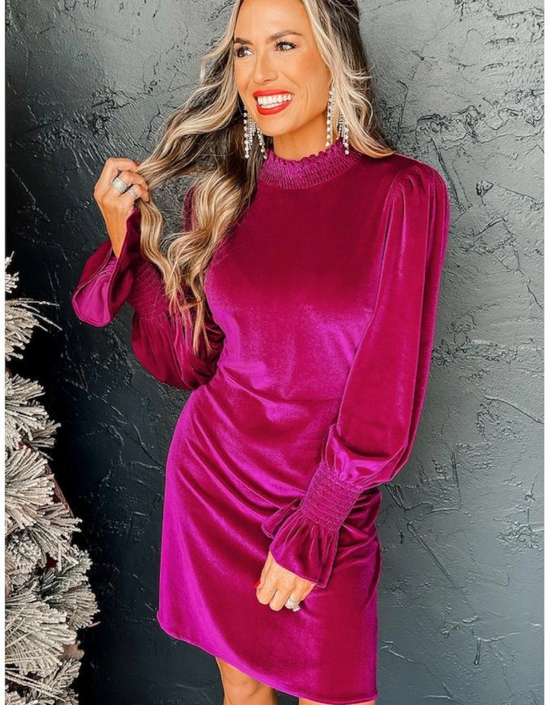 Rose Red Smocked Mock Neck Ruffled Puff Sleeve Velvet Mini Dress