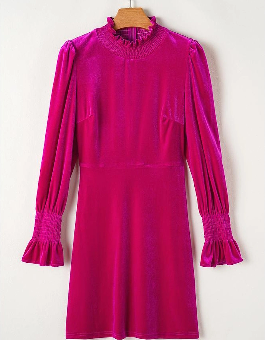 Rose Red Smocked Mock Neck Ruffled Puff Sleeve Velvet Mini Dress