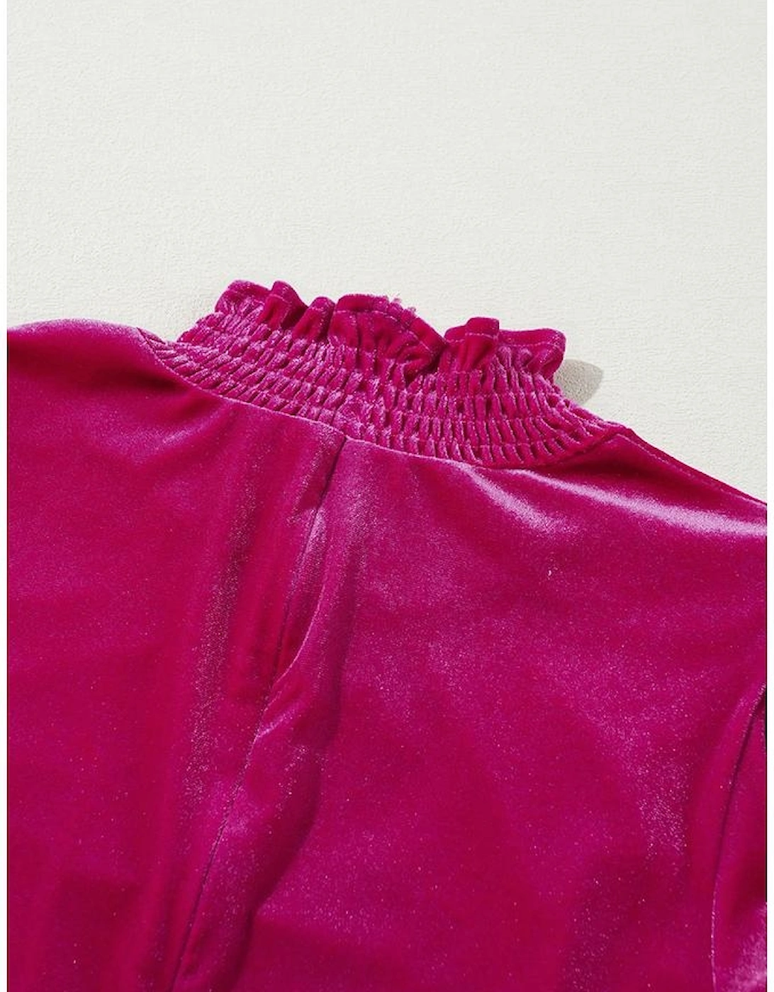 Rose Red Smocked Mock Neck Ruffled Puff Sleeve Velvet Mini Dress