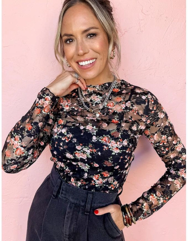 Black Floral Mesh Sheer Long Sleeve Top