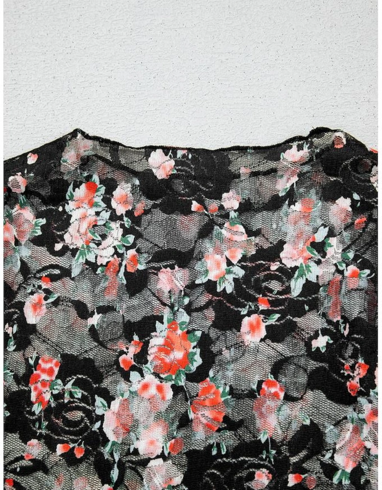 Black Floral Mesh Sheer Long Sleeve Top