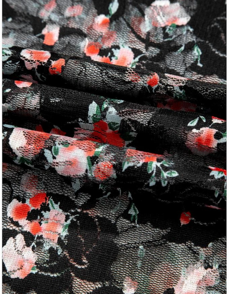 Black Floral Mesh Sheer Long Sleeve Top