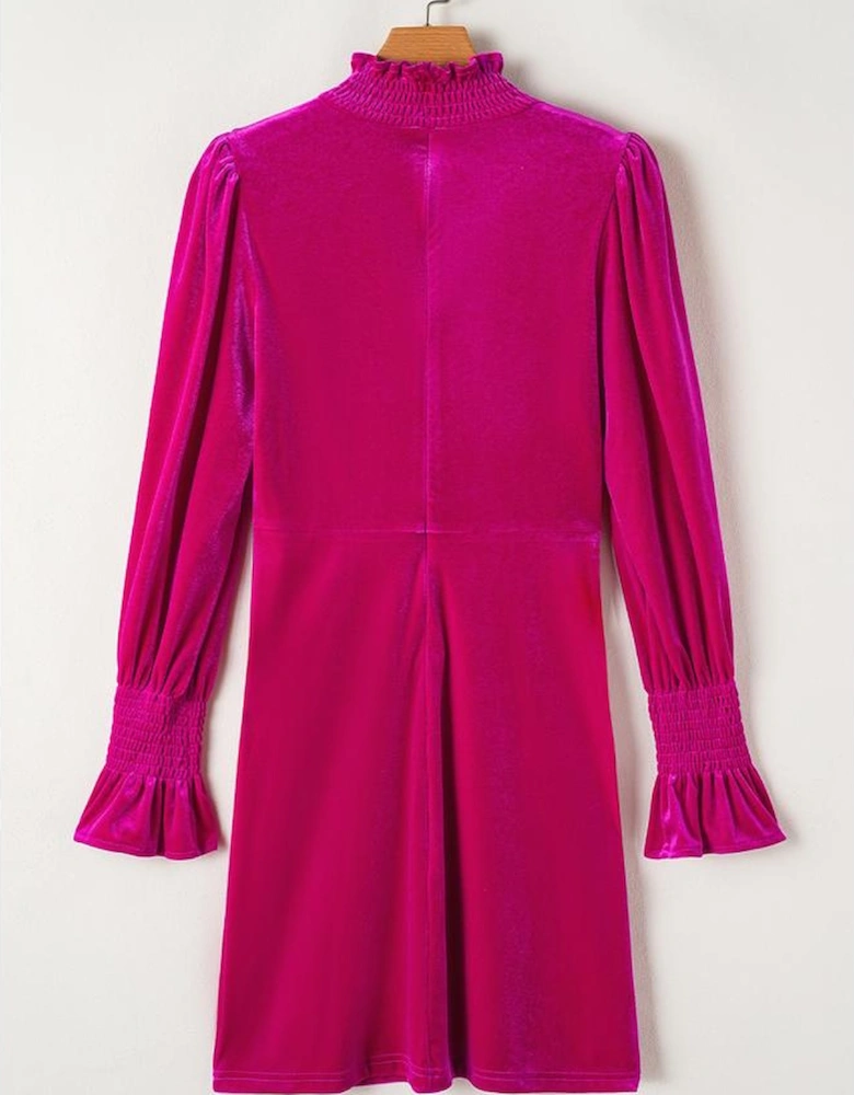 Rose Red Smocked Mock Neck Ruffled Puff Sleeve Velvet Mini Dress