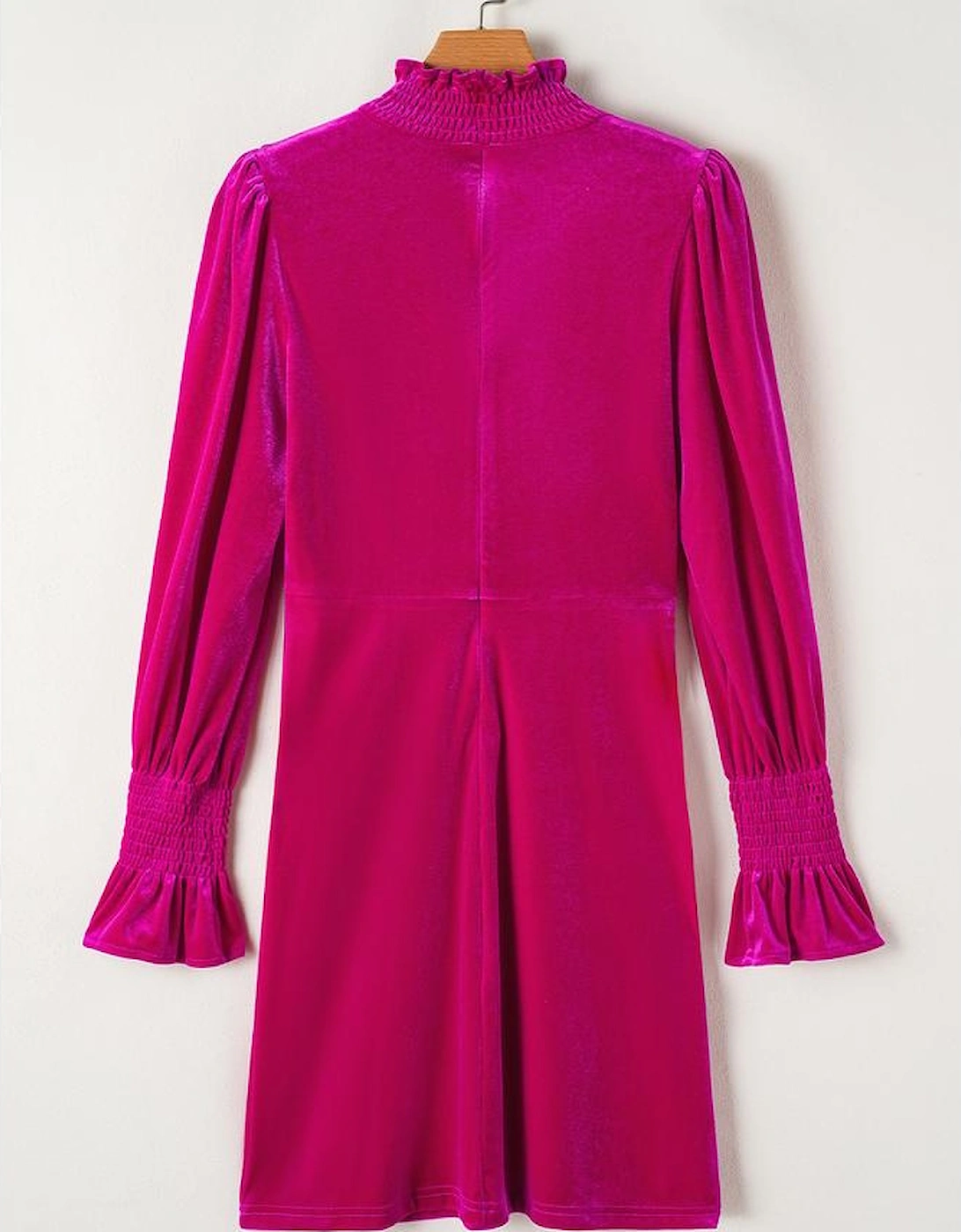 Rose Red Smocked Mock Neck Ruffled Puff Sleeve Velvet Mini Dress