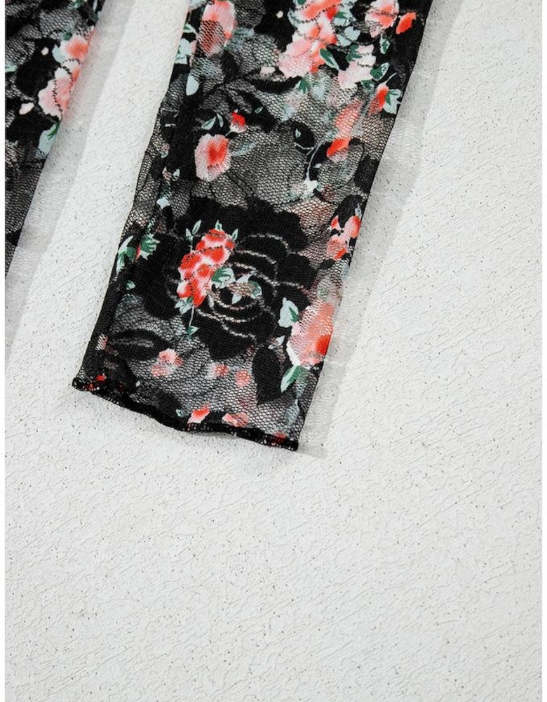 Black Floral Mesh Sheer Long Sleeve Top