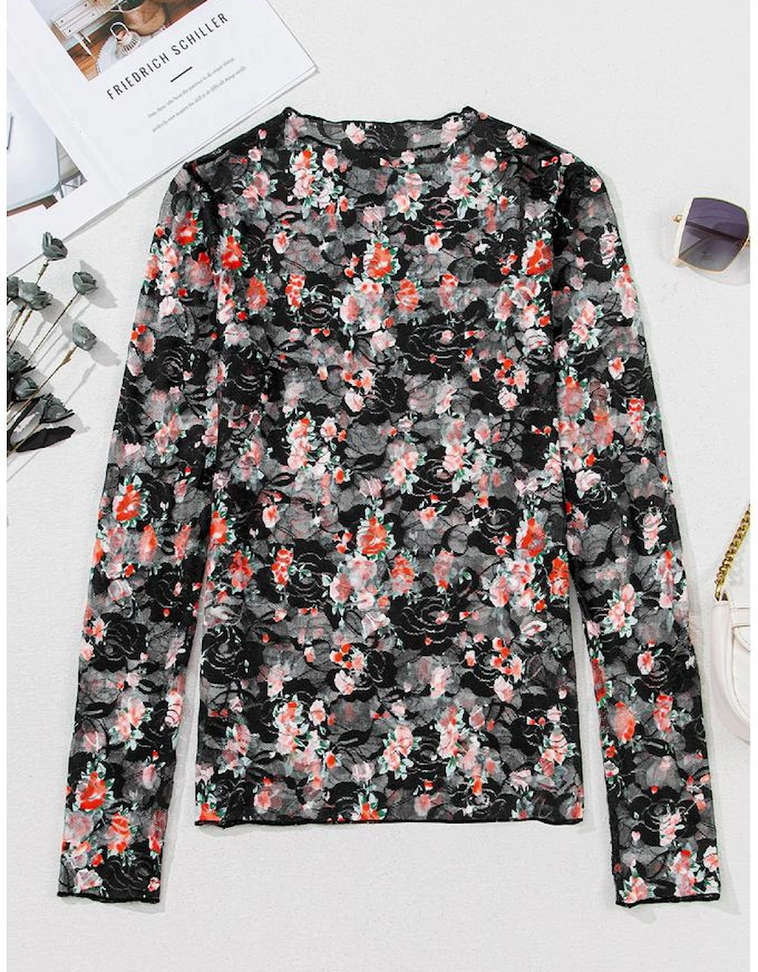 Black Floral Mesh Sheer Long Sleeve Top