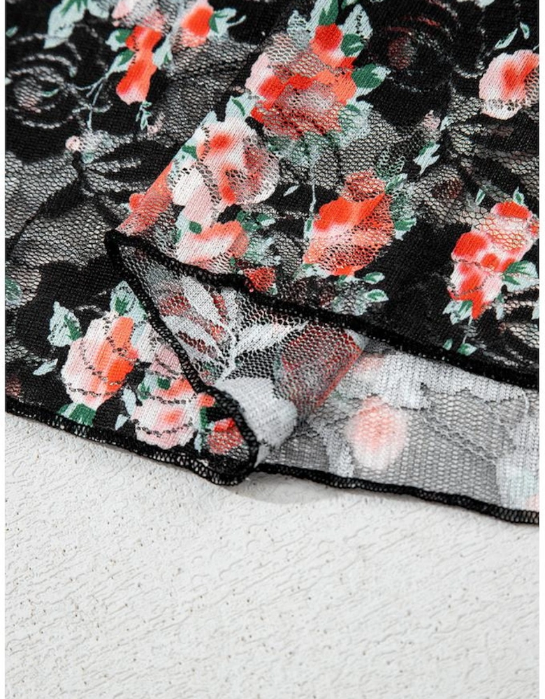 Black Floral Mesh Sheer Long Sleeve Top