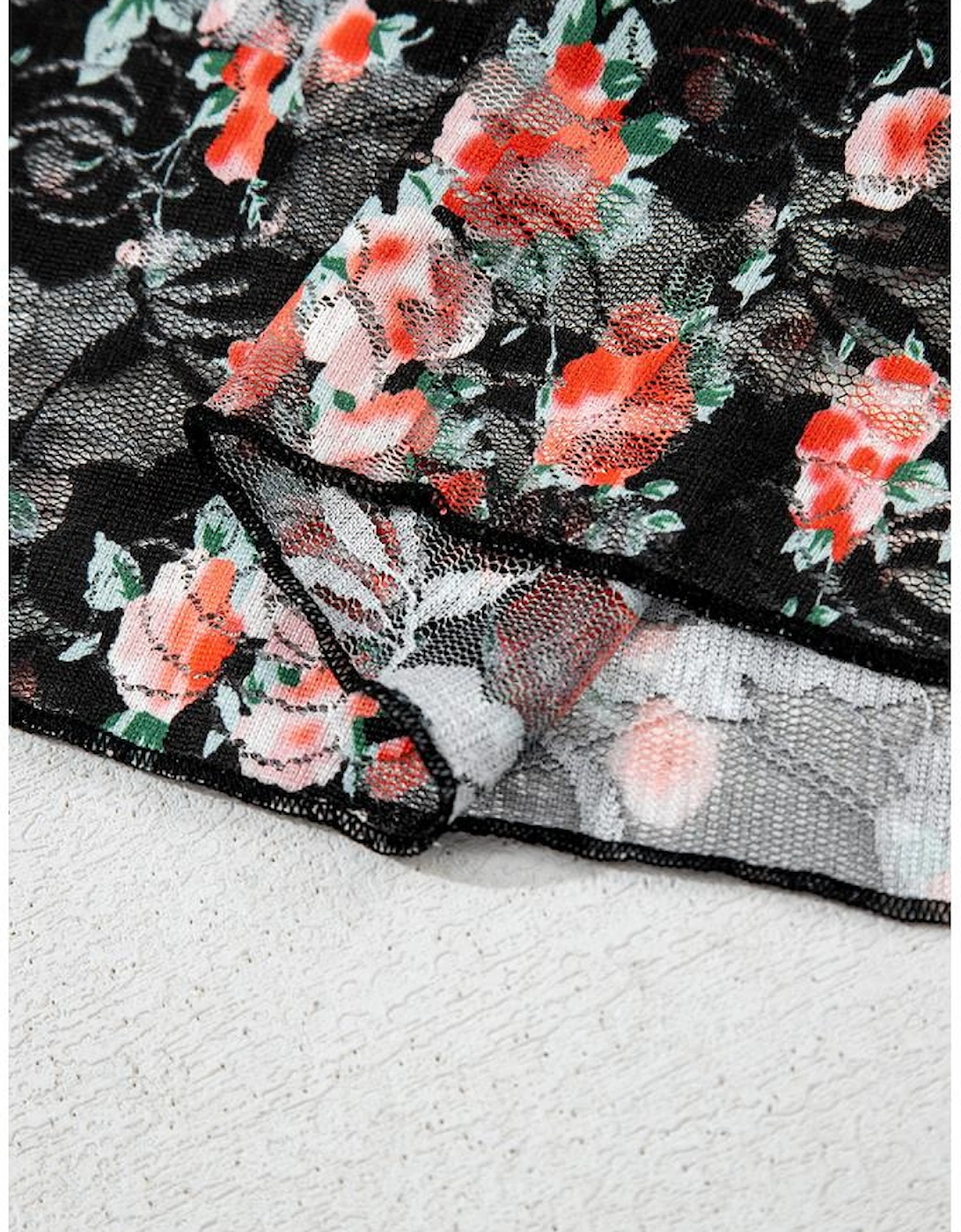 Black Floral Mesh Sheer Long Sleeve Top