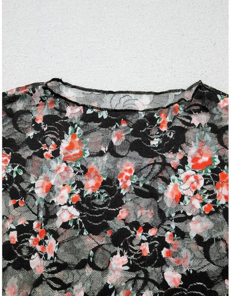 Black Floral Mesh Sheer Long Sleeve Top