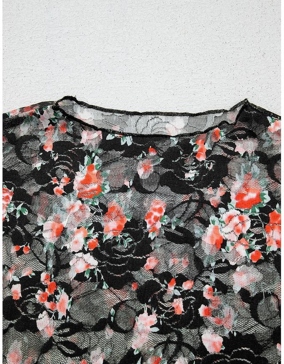 Black Floral Mesh Sheer Long Sleeve Top, 13 of 12