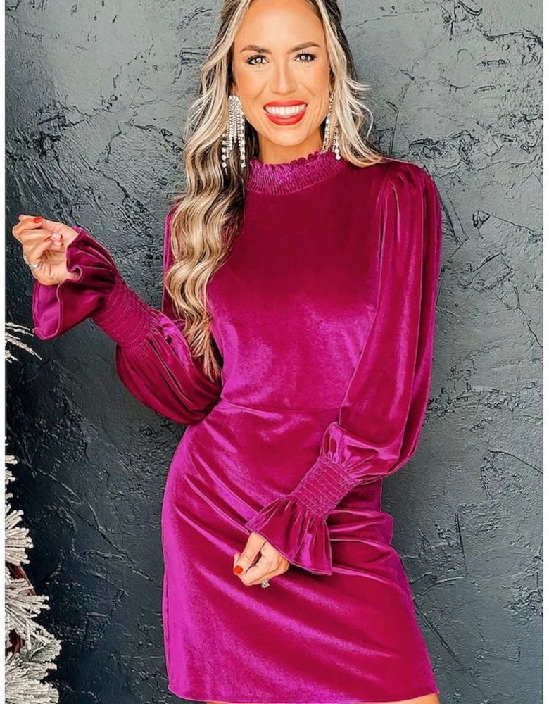 Rose Red Smocked Mock Neck Ruffled Puff Sleeve Velvet Mini Dress