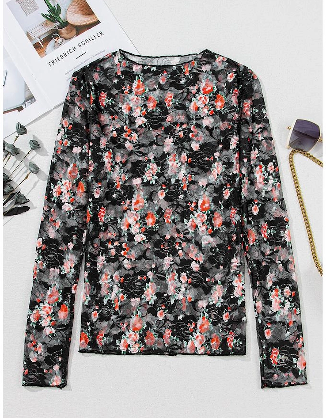 Black Floral Mesh Sheer Long Sleeve Top