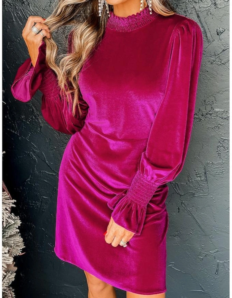 Rose Red Smocked Mock Neck Ruffled Puff Sleeve Velvet Mini Dress