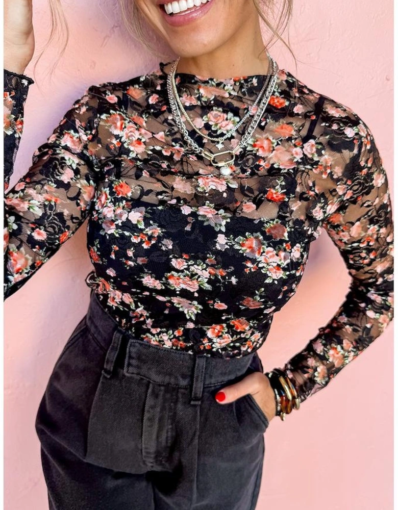 Black Floral Mesh Sheer Long Sleeve Top