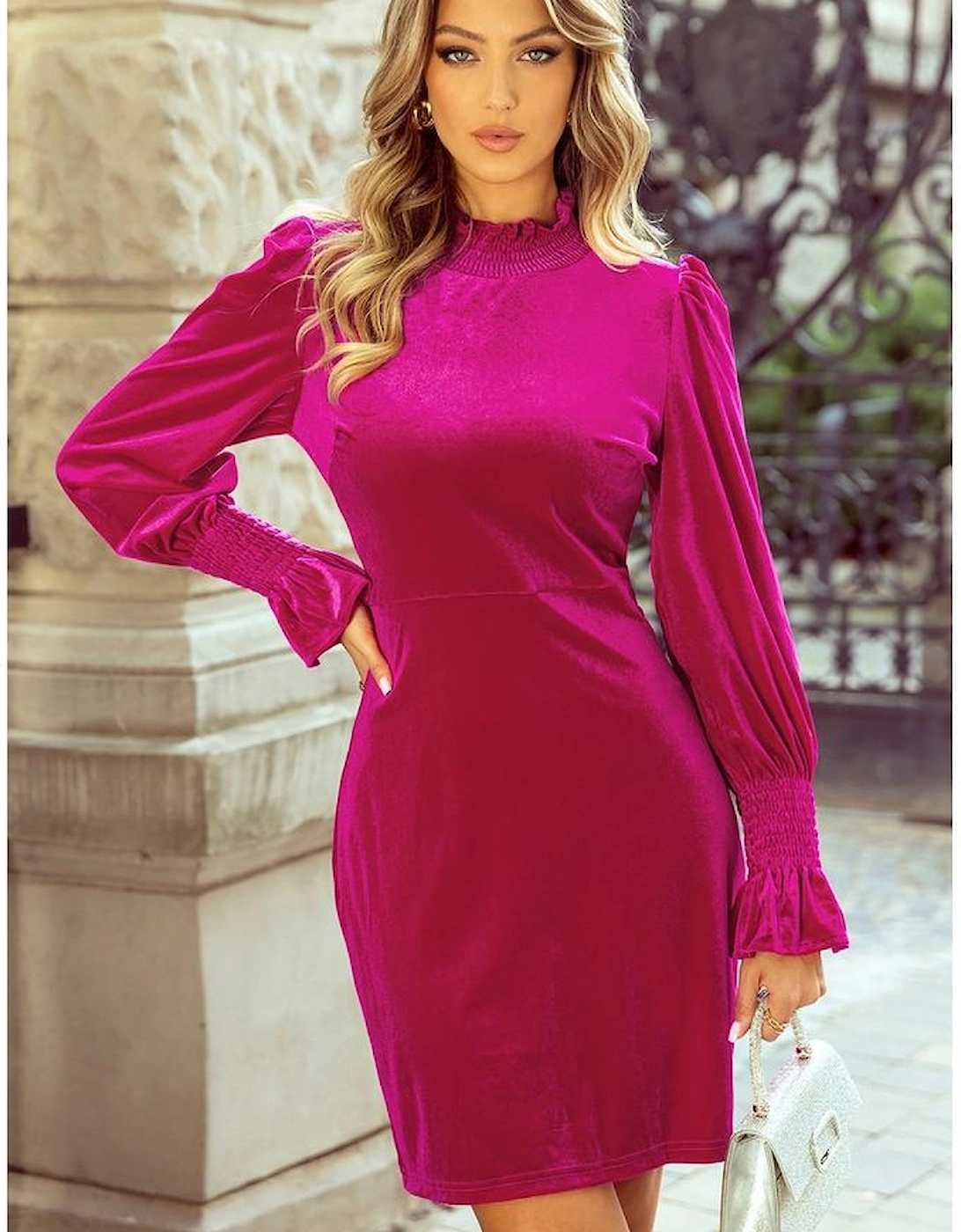 Rose Red Smocked Mock Neck Ruffled Puff Sleeve Velvet Mini Dress