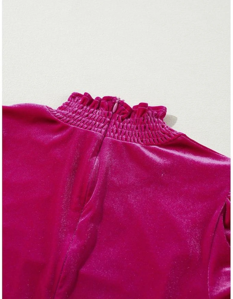 Rose Red Smocked Mock Neck Ruffled Puff Sleeve Velvet Mini Dress