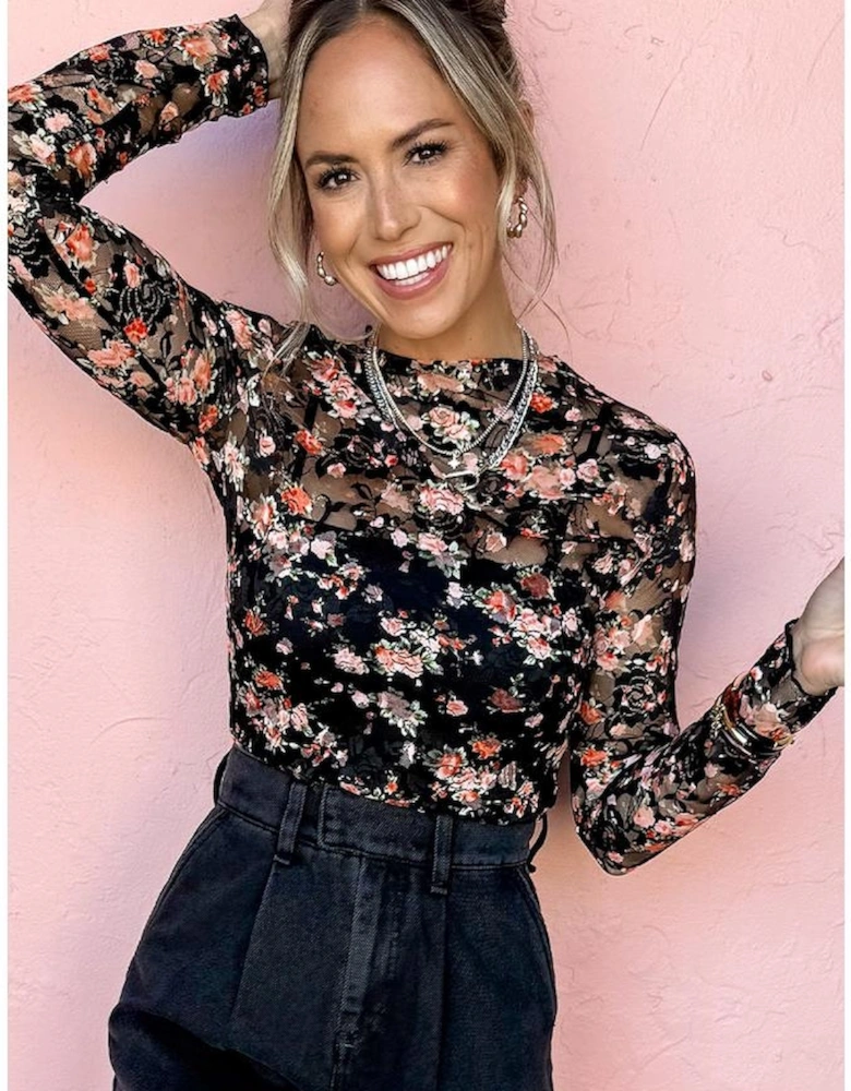 Black Floral Mesh Sheer Long Sleeve Top