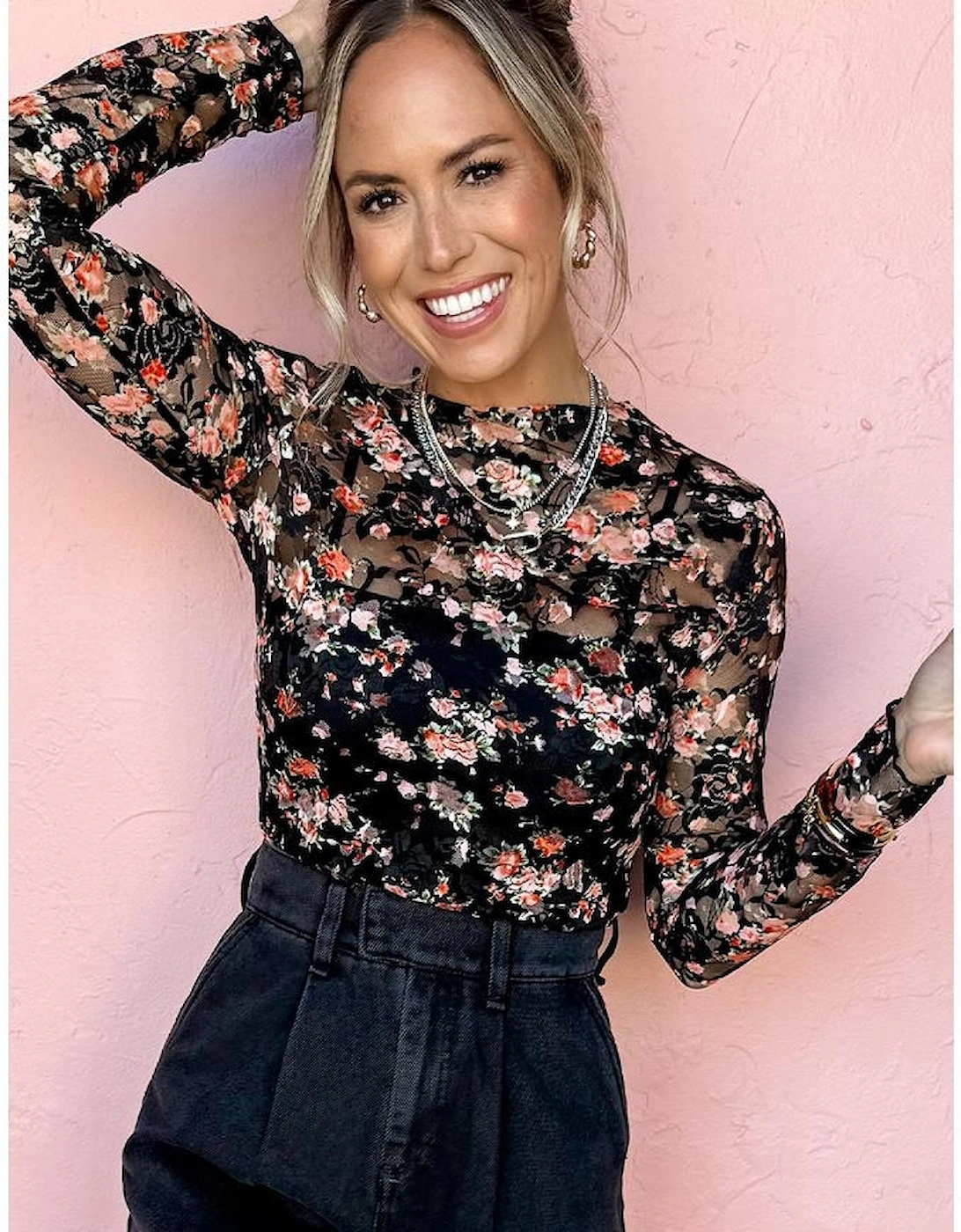 Black Floral Mesh Sheer Long Sleeve Top