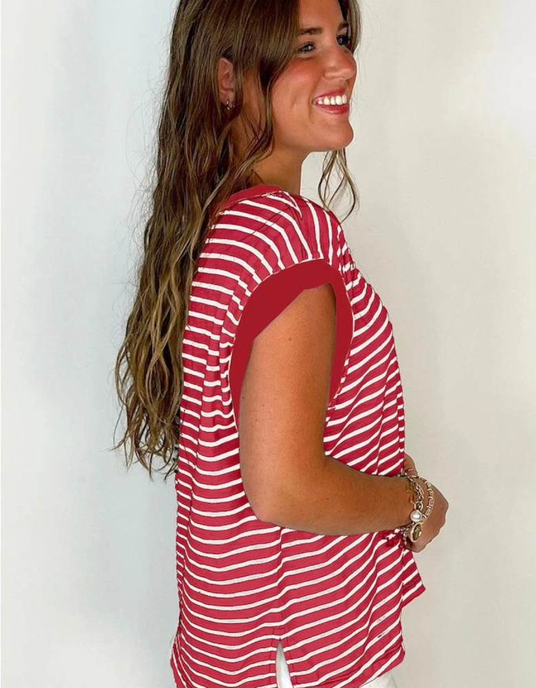 Red Stripe Chest Pocket Patch Round Neck Tank Top