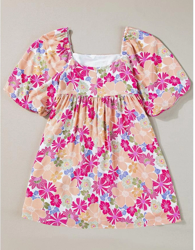 Rose Summer Floral Square Neck Puff Sleeve Babydoll Dress