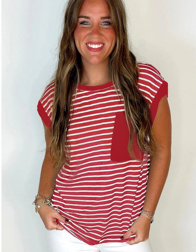 Red Stripe Chest Pocket Patch Round Neck Tank Top