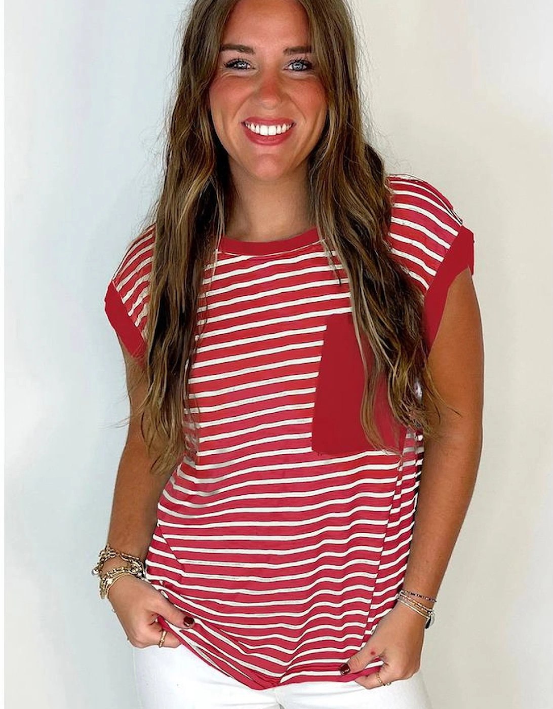 Red Stripe Chest Pocket Patch Round Neck Tank Top