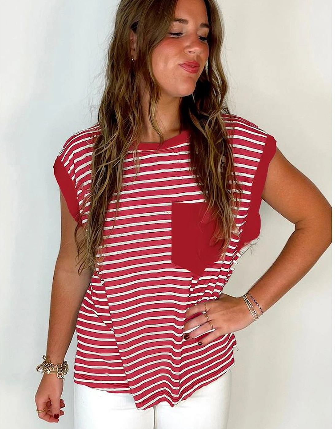 Red Stripe Chest Pocket Patch Round Neck Tank Top
